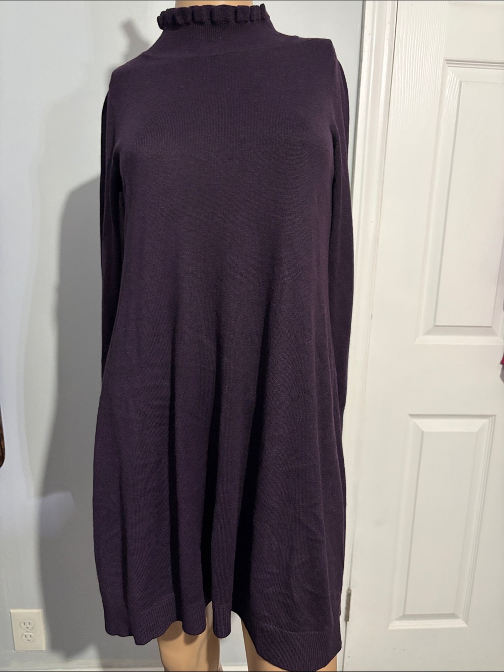 LOFT Plum Ruffle Mock Neck Long Sleeve Swing Dress